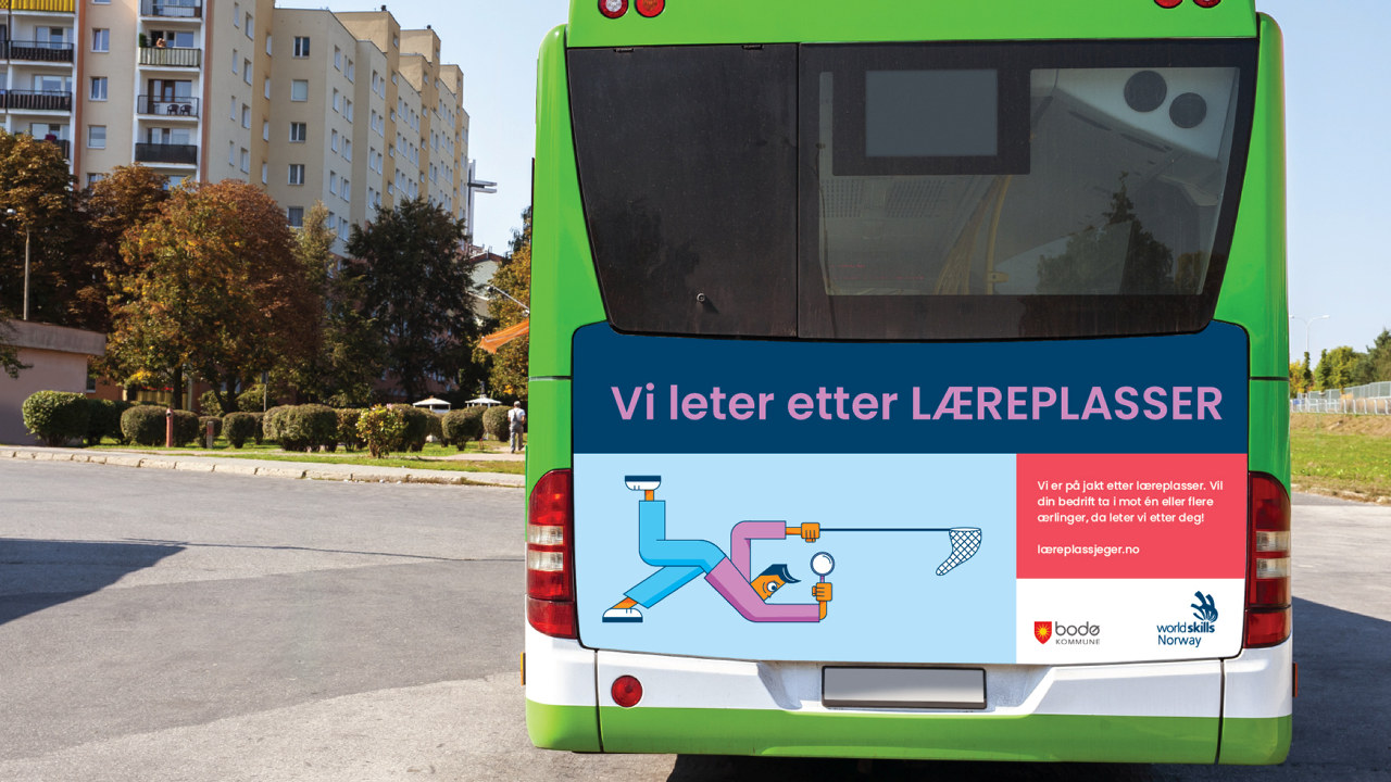 Læreplassjeger-annonse på grønn buss
